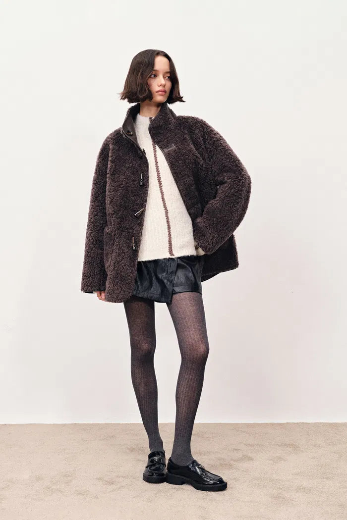 Lene Reversible Faux Fur and Leather Jacket in Merino Wool Teddy