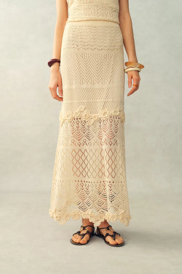 Angelica Floral Openwork Straight Maxi Skirt in Linen Knit