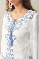 Maggie Embroidery Resort Wear Tie Front Sheer Shirt and Skirt Set in Cotton Jacquard
