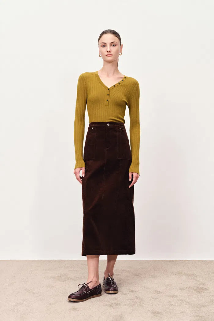 Vivi Henley Top in Stretchy Rib Knit Merino Wool