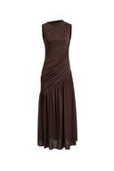 Avery Asymmetrical Ruched Sleeveless Dress in Acetate Blend Knit
