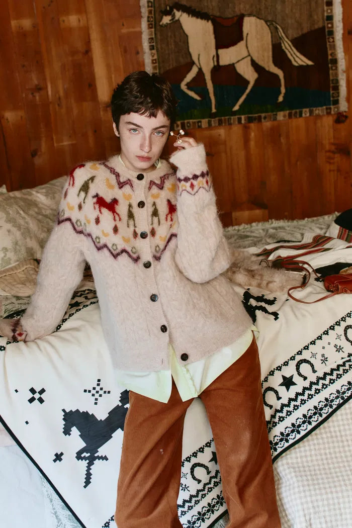 Genevieve Hidatsa Tribal Artwork Inspired Pony Fair Isle Cardigan in Alpaca Multi-Yarn