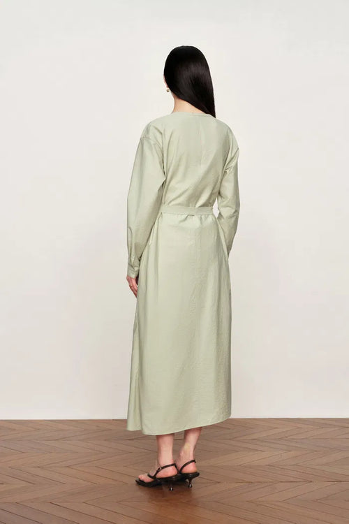 Sage Wrap Tie Long Sleeve Dress in  Cotton Poplin