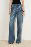 Zia Sequin Embellished Barrel Leg Jeans in Cotton Denim