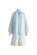 Paz Blue Embroidered Top and Short Matching Set in Silk-Linen Blend