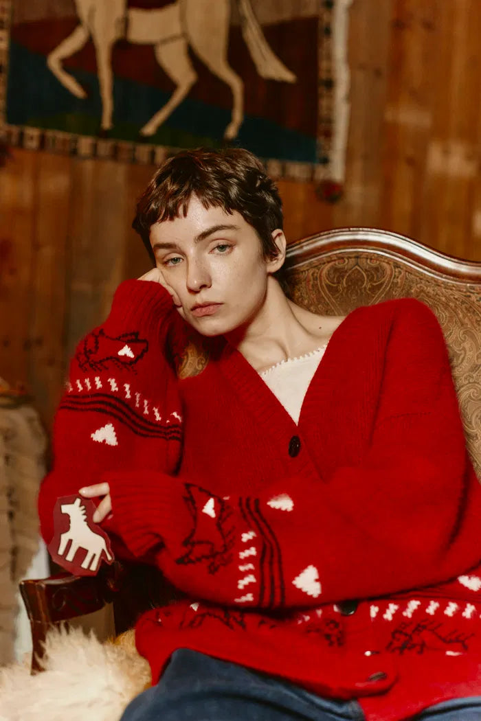 Sara Fair Isle Pony Cardigan in Angora Raccoon Knit Blend