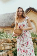 Vestido con tirantes y estampado de granada Rosalina fruncido en mezcla de lino