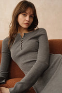 Emily Grey Henley Collar Fitted Short Dress in Merino Wool Knit