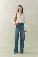 Janus Lace-Trim V-Neck Shirt In Crinkle Cotton