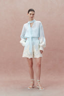 Paz Blue Embroidered Shorts in Silk-Linen Blend