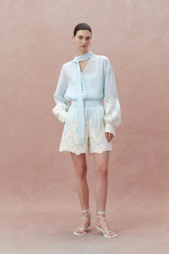 Paz Blue Embroidered Shorts in Silk-Linen Blend