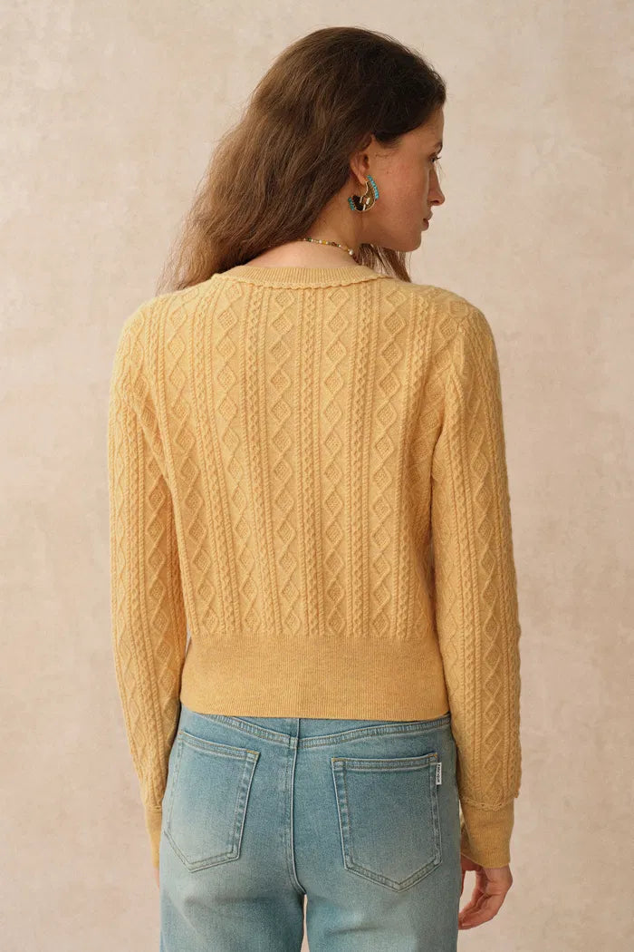 Jinji Yellow Lace Trim Light Short Cardigan in Wool Cable Knit Jinji Yellow Lace Trim Light Short Cardigan in Wool Cable Knit