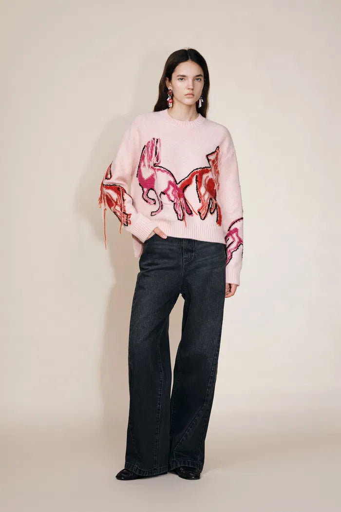 Charlotte Hand Worked Pony Stitching Sweater in Wool Angora Raccoon Knit