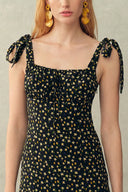 Vestido Maxi Anais con Tirantes de Lazo y Peonía Pintada a Mano en Crepé de China de Seda Elástica