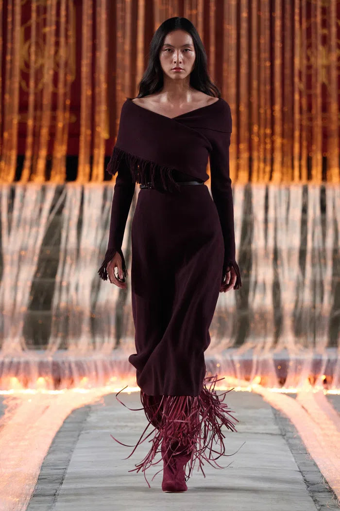 Oona One Shoulder Asymmetric Fringe Dress in Merino Wool with Stretch Knit