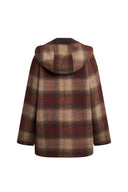 Aeliana Plaid Hooded Midi Coat in Red Brown Wool Blend