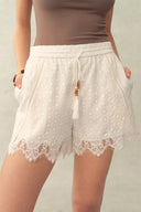 Alani Lace  Panel Beaded Fringe Drawstring Shorts in Tencel Linen