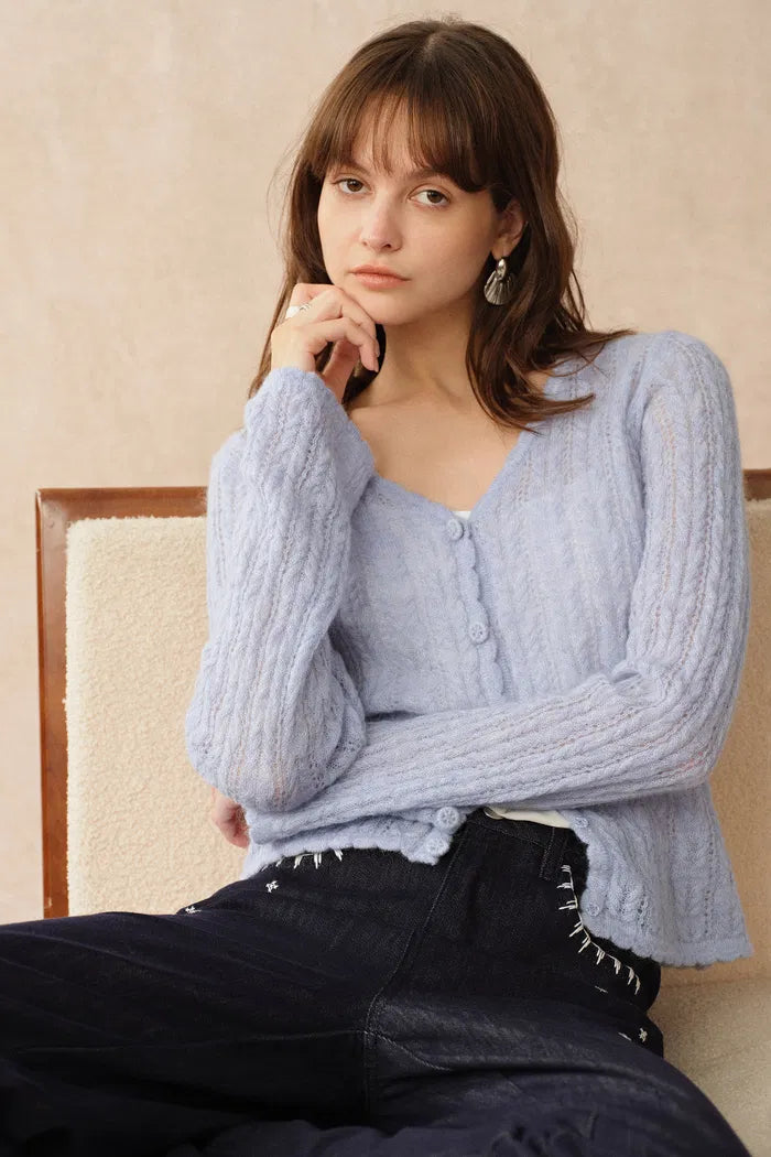 Serenity V Neck Sheer Cardigan in Lightweight Cable Knit