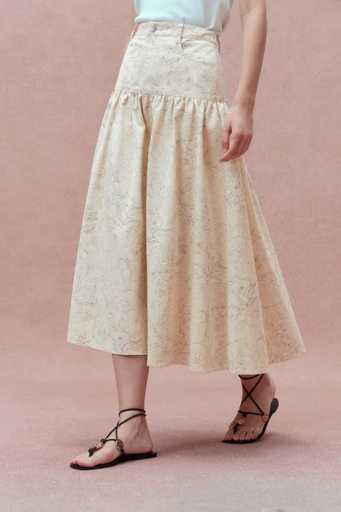 Rose Pleated Denim Skirt in Cottonseed Hull Denim