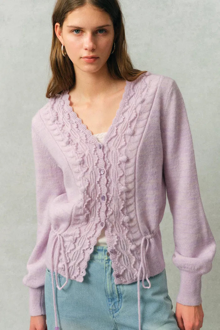 Taro V Neck 3D Crochet Waist Cinching Cardigan in Merino Wool Alpaca Blend Knit