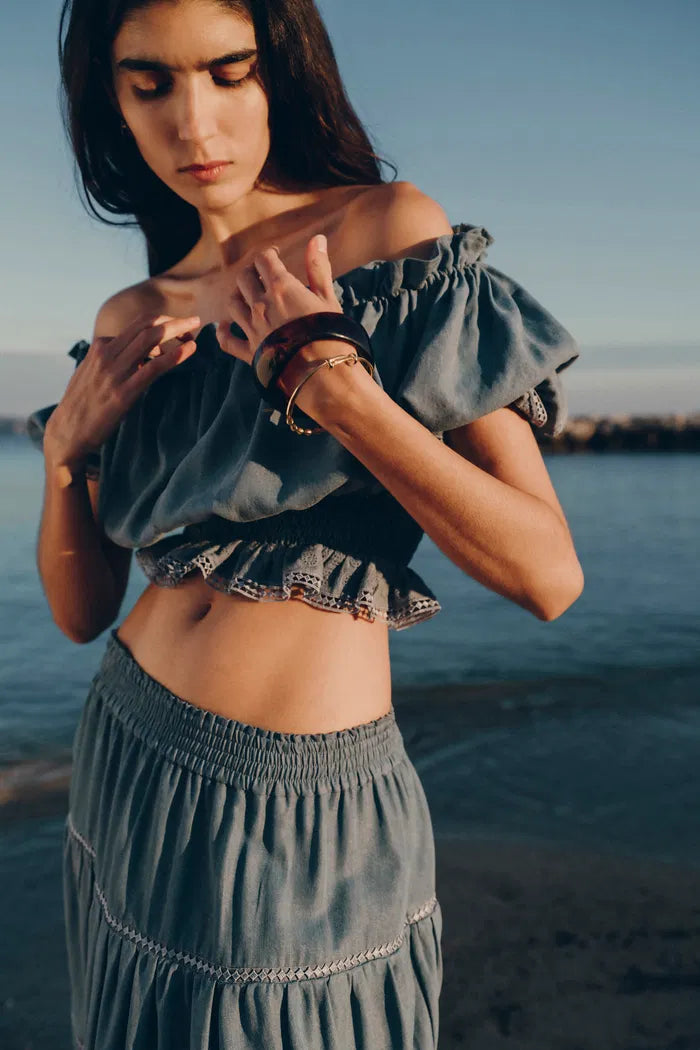 Oluka Ruffle Ruched Off Shoulder Top in Lightweight Denim