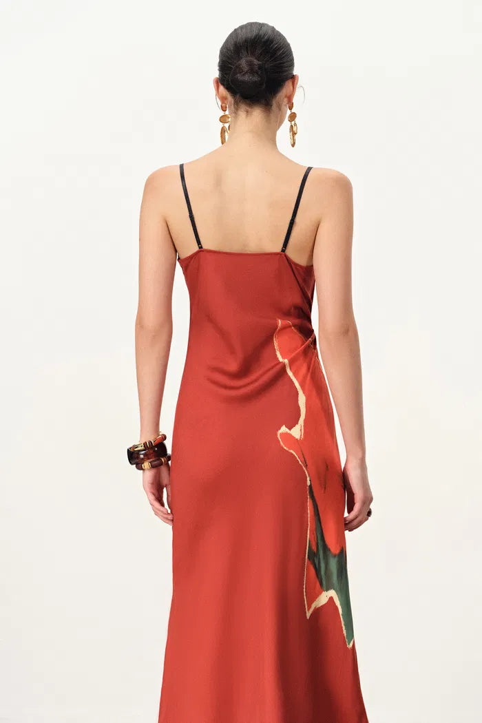 Nellie Hand Painted Printed Slip Dress in Silk Satin