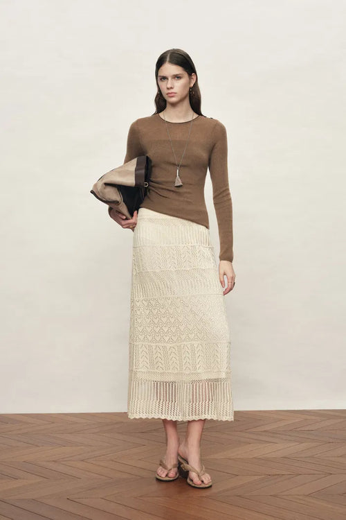 Mariselle Crew-Neck Fitted Long Sleeve Top in Merino Wool Knit