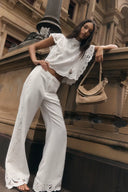 Lilou French Cutwork Embroidery Ruffle-Sleeve Top in Cotton & Linen