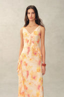 Linda Handpainted Floral Ruffle Sleeveless Dress in Lightweight Chiffon