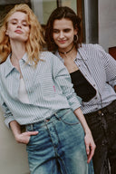 Lismore Contrast Embroidery Striped Shirt in Textured Crinkle Cotton