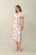 Coco Handpainted Floral Puff Sleeve Cinched Dress in Crinkle Gauze