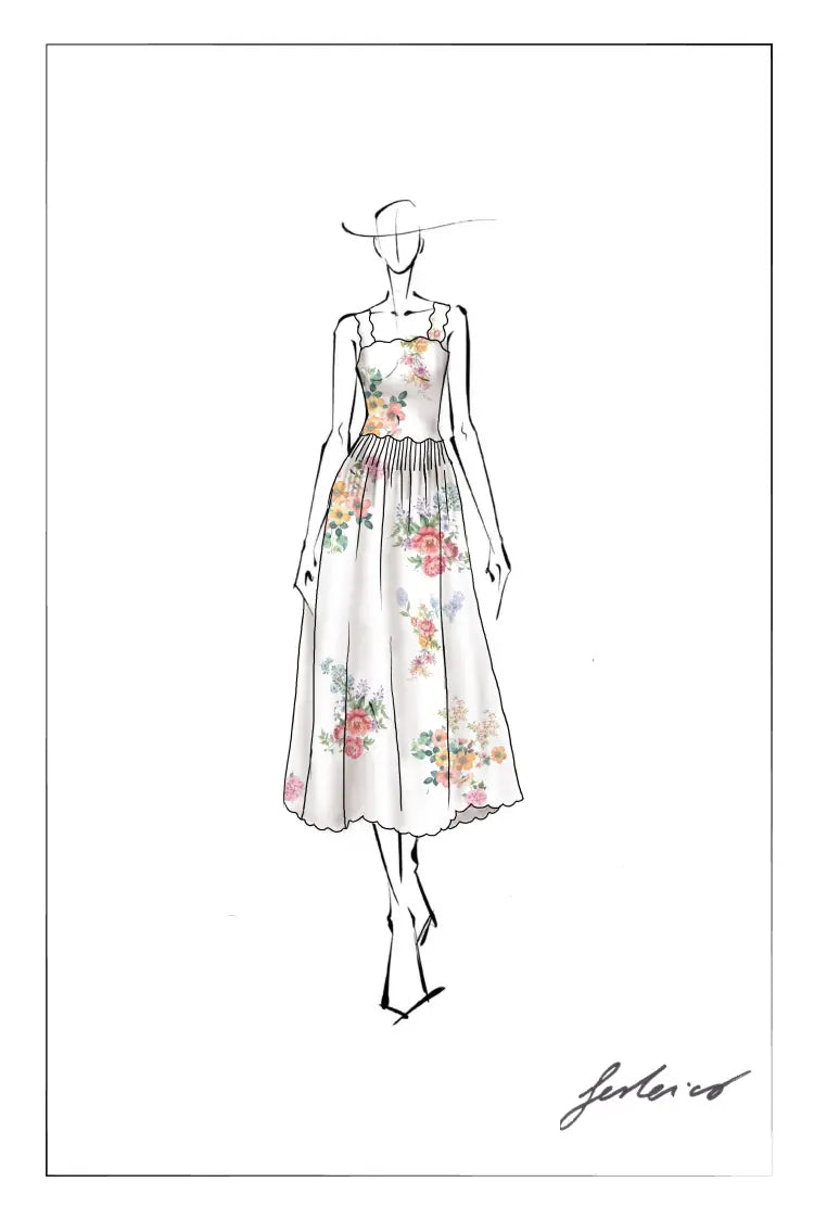 Xena Watercolor Flora Embroidery Strap Dress in Silk-Linen S/P