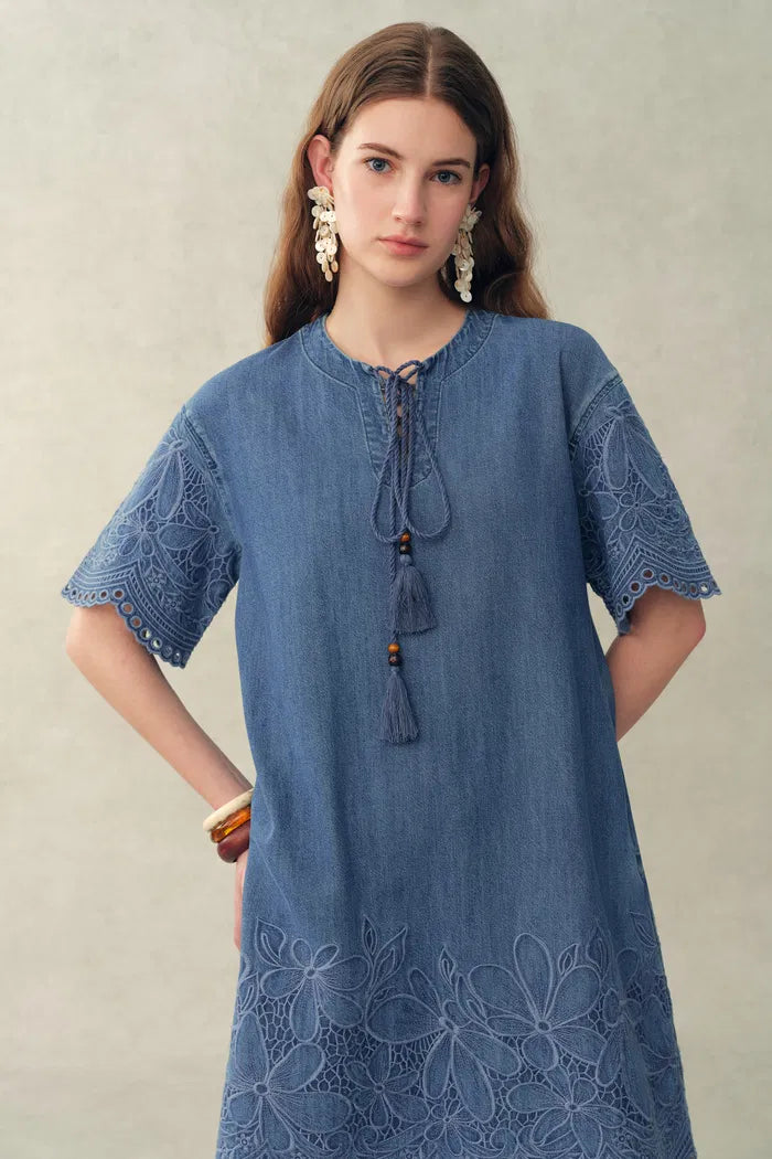 Kate Floral Lace Embroidery Short Dress in Lightweight Tencel-Cotton D fbrq.com Kate Floral Lace Embroidery Short Dress in Lightweight Tencel-Cotton D fbrq.com