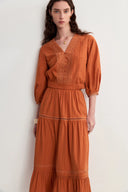 Elli Embroidery Puff Sleeve Blouse Top and Maxi Skirt Matching Set in Cotton