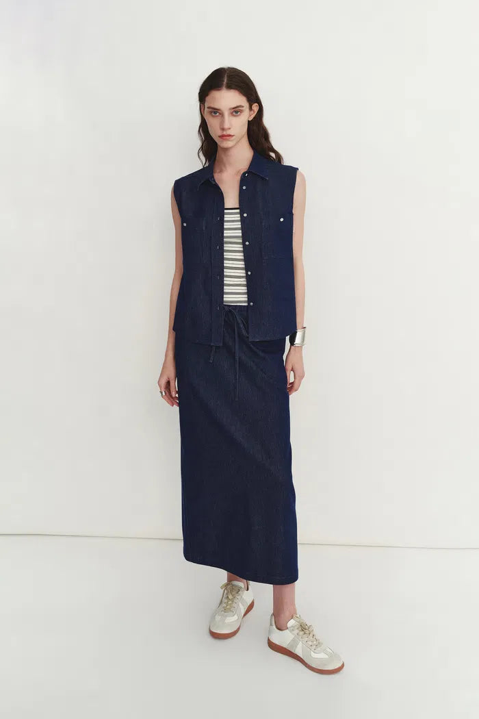 Francesca Midi Skirt in Linen-Cotton Denim