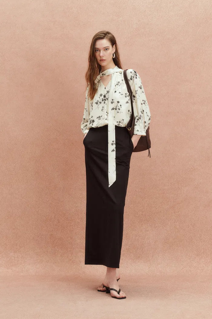 Brooke Hand Painted Flora Scarf Neck Blouse in Silk Blend Satin