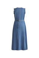 Amelia Scallop Buttoned Cinched Midi Dress in Cotton Linen Denim