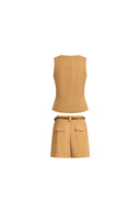 Suzane Handwork besticktes ärmelloses Top mit gewelltem Saum und Shorts-Set aus Leinenmischgewebe