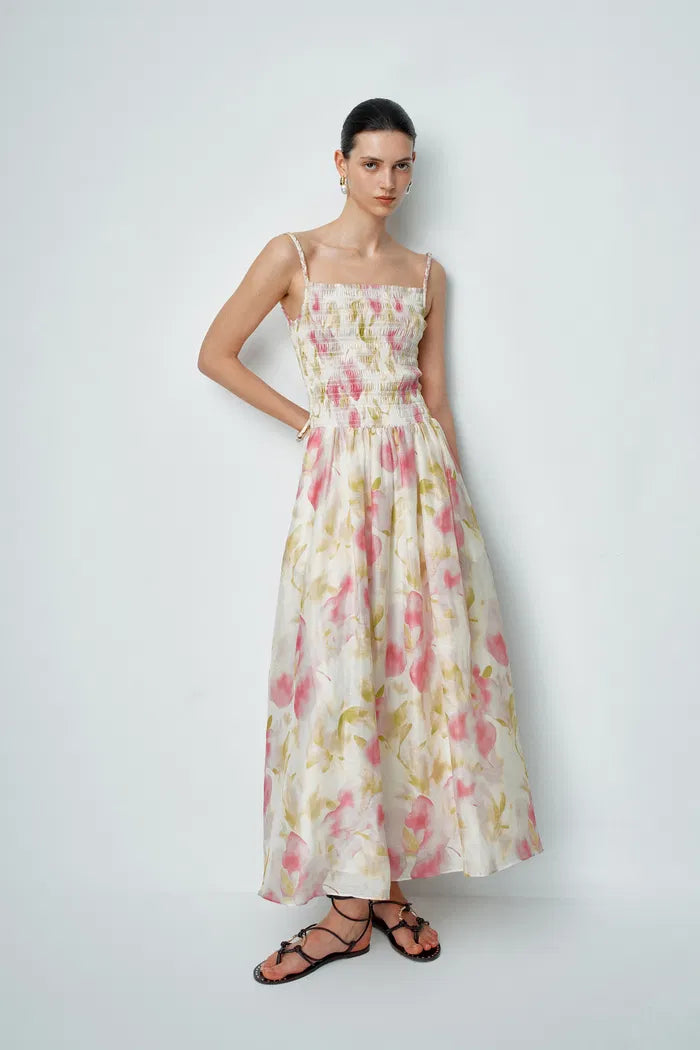 Kari Hand Woven Strap Shirred Dress in Silk-Linen Blend