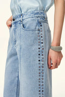 Calli Studded Beading Panel Straight Jeans in in Cotton Denim
