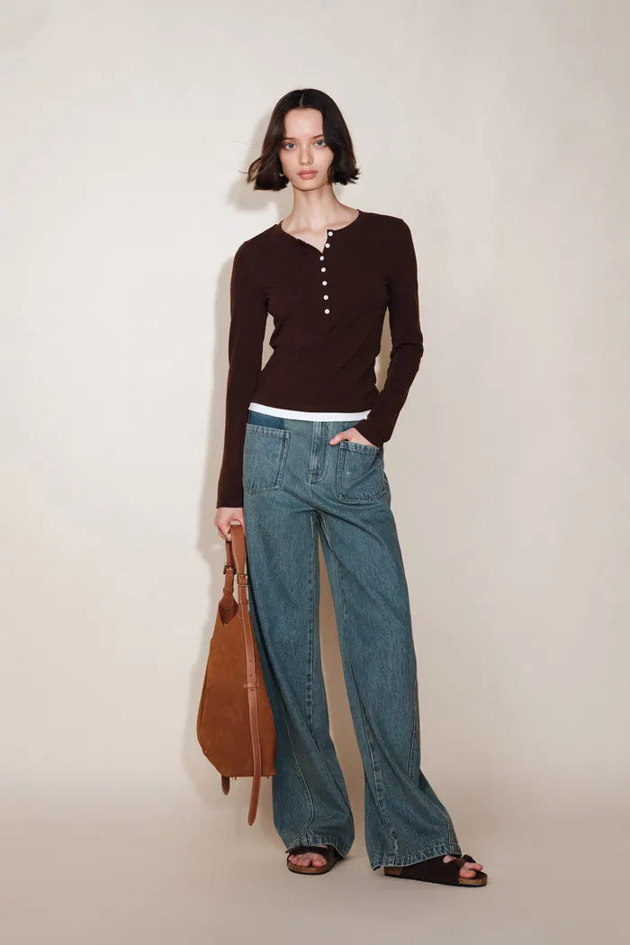 Lia Two Tone Washed Patch Pocket Jeans in Cotton Denim