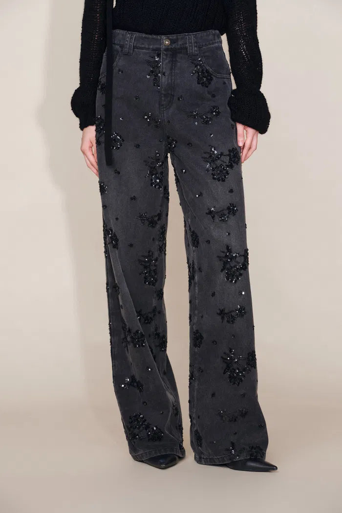 Star Hand Beaded Rose Embellishment Straight Leg Jeans in Beaded Cotton Denim