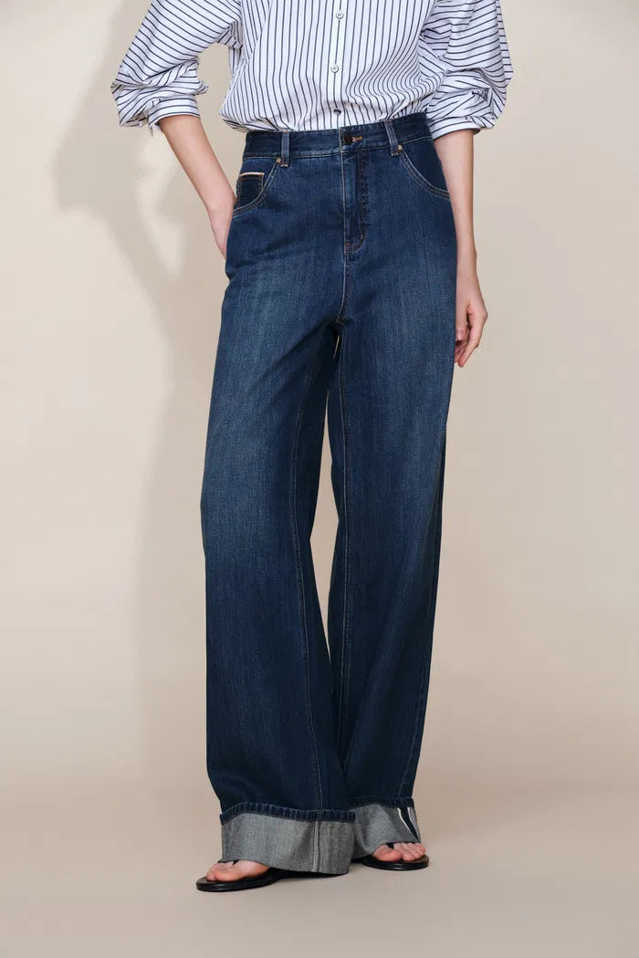 Brenda Folded Hem Wide Leg Jeans in Selvedge Denim