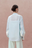 Paz Blue Embroidered Top in Silk-Linen Blend