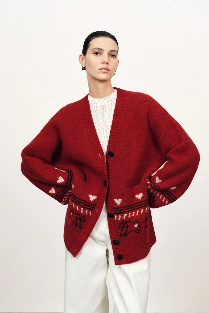 Sara Fair Isle Pony Cardigan in Angora Raccoon Knit Blend