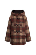 Aeliana Plaid Hooded Midi Coat in Red Brown Wool Blend