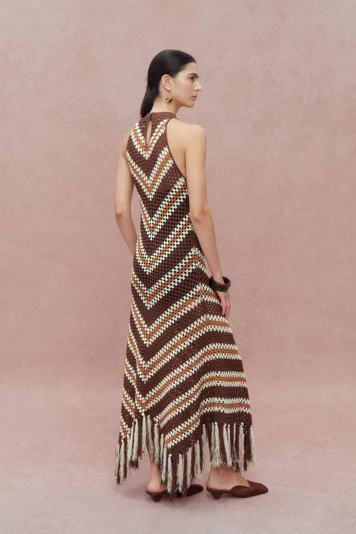 Franny Hand Crochet Striped Sleeveless Dress in Cotton-Linen Tape Yarn Knit