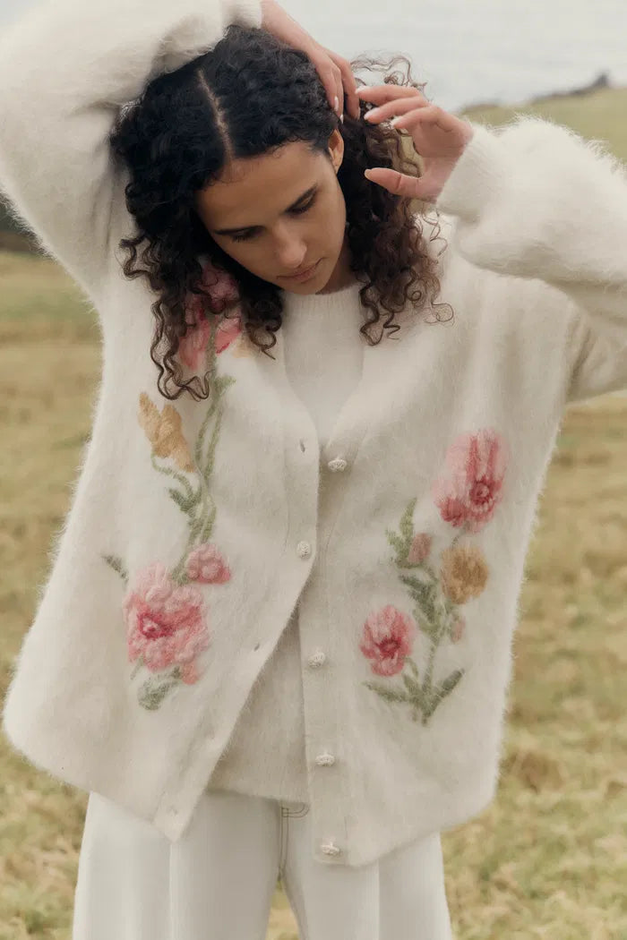Papaver 3D Floral Embroidered Cardigan in  in Alpaca Blend Knit