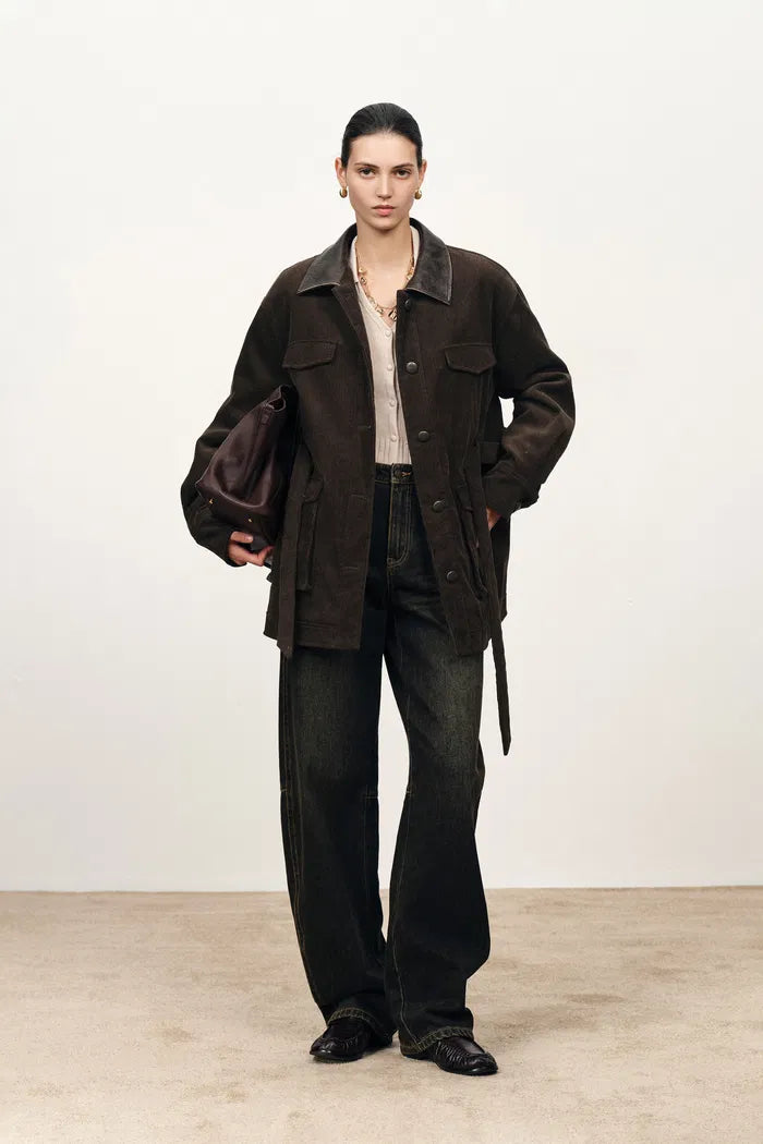 Serena Faux Leather Lapel Jacket in Cotton Corduroy