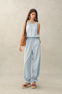 Hazel Boho Embroidery Jacquard Halterneck Sleeveless Top in Cotton